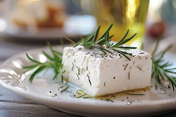Wall Mural - Closeup of tasty goat cheese with rosemary on a plate