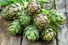 Colorful Globe Artichokes Displayed On Wooden Table