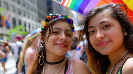 LGBT Pride Month, International Day Against Homophobia, happy couple of smiling girls, lgbt flag, lgbt parade