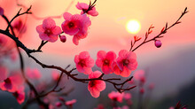 A Branch Of Pink Cherry Blossoms Against A Sunset Sky