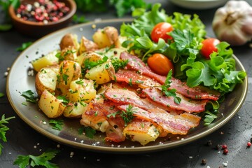 Poster - Crispy bacon potato salad and green vegetables on plate