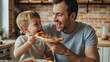 a cute little boy and his father sharing a joyful pizza meal in the kitchen, bathed in natural light, their faces beaming with happiness and smiles.