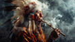  índio com uma flauta, fumaça ao redor