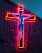 A neon pink and purple crucifix of Jesus Christ on a cross.