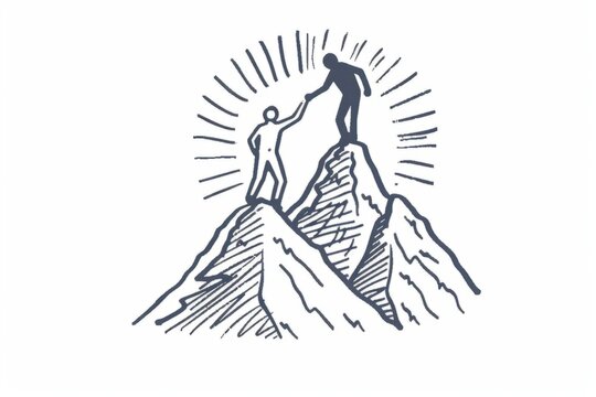 Hand drawn logo of two people helping each other reach the top, with sun rays behind them shining on the mountain peak A concept for teamwork and unity in business success Generative AI