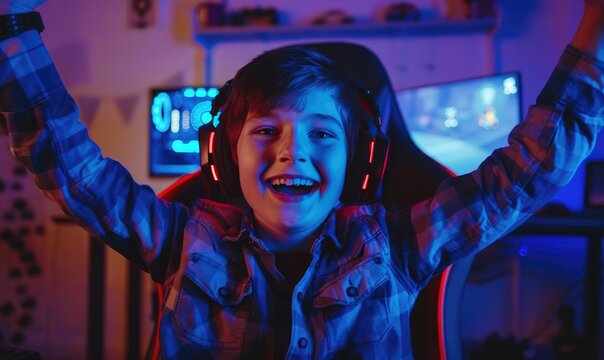 Happy kid gamer in gaming room
