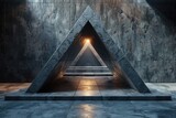 Fototapeta Młodzieżowe - Striking image of a triangular shaped portal in a somber and textured concrete environment with illumination at its peak