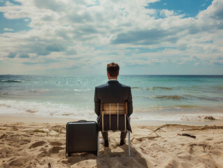 Wall Mural - Businessman in a suit with a suitcase sitting on a chair on the beach looking out to sea. Holidays, end of summer vacation and back to work 