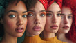 Group of diverse ethnic modern women standing next to each other, looking at camera dressed in warm colors, on plain background.  female empowerment.