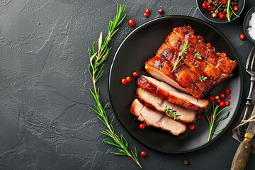 Wall Mural - Roasted pork slices on dark table top view