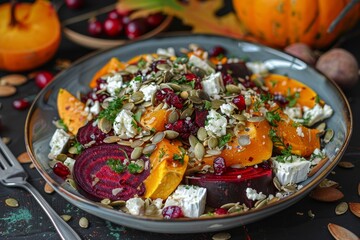 Wall Mural - Salad with pumpkin beetroot cranberries seeds cheese