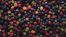 Colorful Berry Collection With A Rich Texture. Overhead View Of Blackberries, Blueberries, Raspberries, And Unripe Berries. Fruit Diversity And Health Concept Design For Grocery And Market Advertising