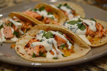 Wall Mural - Sour cream drizzled over homemade salmon tacos