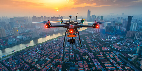 drone flying over city landscape. Bright daylight with clear skies