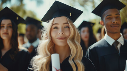 Wall Mural - A beautiful, confident smiling blonde university graduate girl, wearing a black graduation cap and gown, joyfully looks into the camera and holds a diploma at the graduation ceremony. copy space