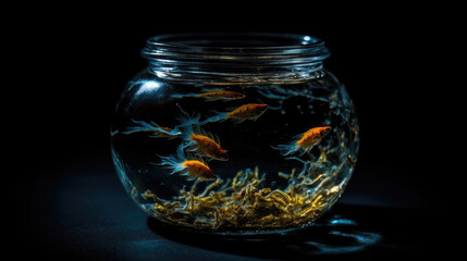 Wall Mural - Vibrant Orange Fish Swimming in a Glass Jar Against a Dark Background