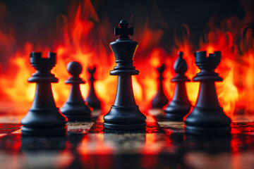 Black chess pieces on a chessboard with a fire background.
