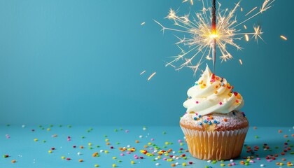 Poster - Sparkling sprinkled birthday cupcake on blue background