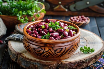 Wall Mural - Studio photograph of red beans boiled in a wooden bowl