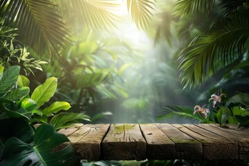 Sticker - Jungle background for cosmetic item on interior table with tropical plants