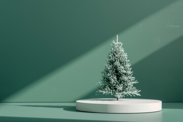 Wall Mural - Minimalistic scene with podium Christmas pine tree green background round white catwalk for product and cosmetic presentations