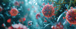A microscopic image of a virus with cells in the body, medical field, scientific image, science fiction, microbes, treatment , 3d render , abstract background