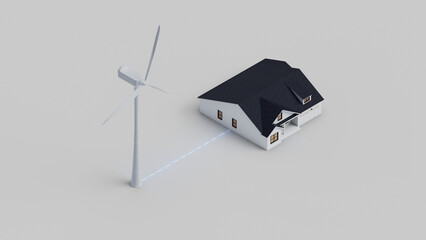 Poster - Wind turbine connected to the house. Wind energy powers the home. Isometric view.