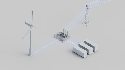 Poster - The wind turbine and energy storage connected to the substation and to the power grid. Electricity flows from the turbine to the power grid and stored in the batteries. Isometric view.