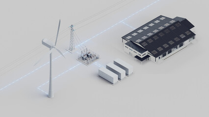Poster - The wind turbine and energy storage connected to the power grid and to the warehouse. Electricity flows from the turbine to the power grid to the warehouse and to the batteries. Isometric view. 