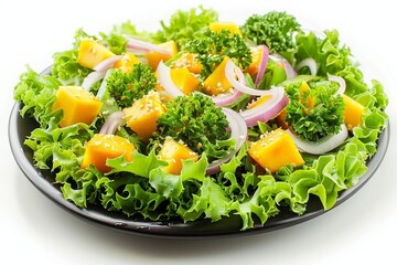 Wall Mural - Tasty salad with lettuce crab onion and mango on white plate