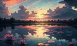 Serene Water Lily Pond at Sunset Generative AI