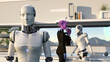 Illustration of two robots and a pink skin extraterrestrial inside a room with sky and mountains and an alien planet in the distance through glass windows.