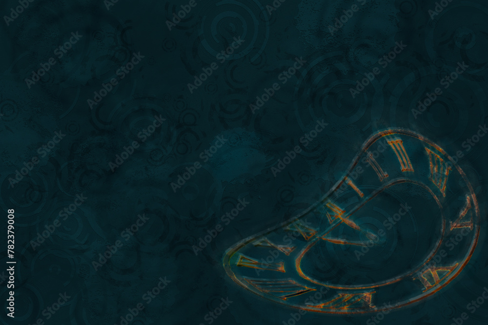 Numbers and hands of distorted antique clock with abstract blue tones ...