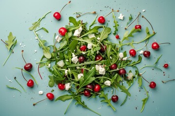 Wall Mural - Arugula cherry and goat cheese salad on blue plate
