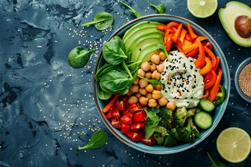 Wall Mural - Healthy Buddha bowl with chickpea avocado quinoa and vegetables on blue background Top view Vegan salad