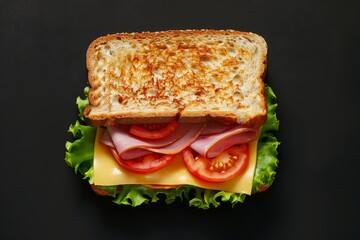 Wall Mural - Ingredients ham cheese tomatoes lettuce and toast View from above on dark background