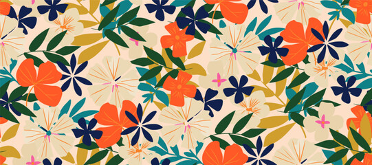 Wall Mural - Simple minimalistic summer tropical floral seamless pattern