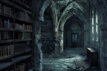 Wall Mural - A dark, abandoned room with a large bookcase filled with books. The room is empty and the atmosphere is eerie