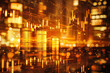A city skyline with a lot of lights and a few gold coins. The coins are on top of a table and are surrounded by a lot of numbers and graphs. Scene is busy and chaotic, with the city lights