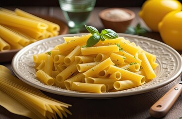 Wall Mural - A staple food dish of pasta with basil and lemons on a table