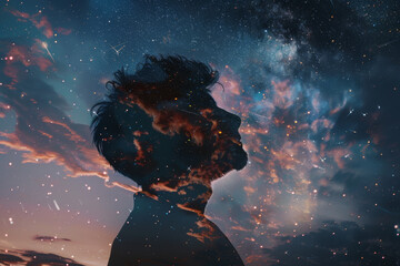 Wall Mural - A man's silhouette is shown against a backdrop of stars and clouds. Concept of wonder and awe at the vastness of the universe