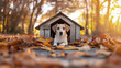 Dog peering out from small house amidst autumn leaves, golden hour light adds cozy warmth. Scene reflects comfort of home and change of seasons