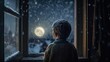 Child Gazing at Snowy Moonlit Night Through Window Generative AI