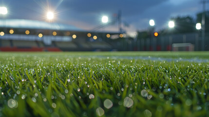 Wall Mural - A soccer field with a bright green grass. The field is lit up with bright lights, creating a lively atmosphere