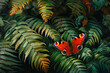 A red butterfly is sitting on a green leaf. The butterfly is surrounded by green leaves and the image has a peaceful and calming mood