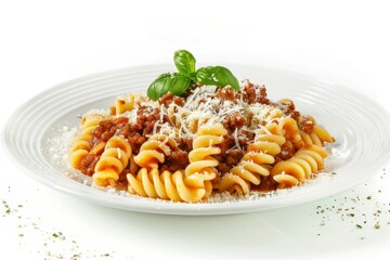 Wall Mural - Macaroni with bolognese and Parmesan on a white plate