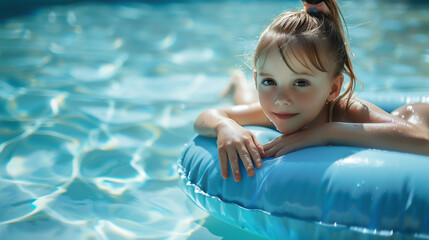 A girl swims in an outdoor pool in the fresh air on a hot sunny day at the hotel on vacation. AI.