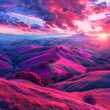 rolling hills at sunset painted with vibrant hues of pink
