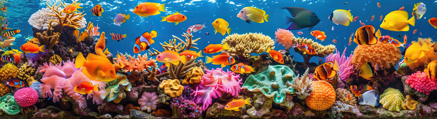 Wall Mural - Vibrant underwater paradise teeming with tropical fish amidst colorful coral reefs. A kaleidoscope of tropical fish swims through a thriving coral garden under clear blue waters