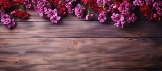 Poster - Purple and red flowers on wooden background